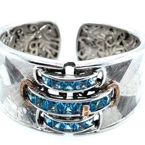 RARE Bellarri Blue Topaz Diamond Cuff Bracelet Sterling Silver & 18K Rose Gold